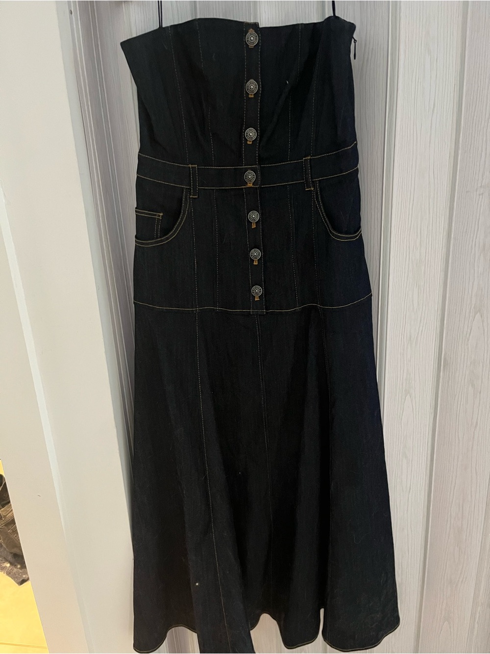 cinq a sept Black Strapless Button-Front Denim Midi Dress